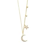 BCughia Damen Halskette Gelbgold 585, Halskette Mond und Stern mit Labor Erzeugter Diamant in 9K...