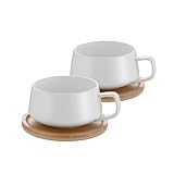 2er Set Cappuccino Tassen mit Unterteller, 320 ml Kaffeetassen, Espressotassen aus Steingut für Tee...