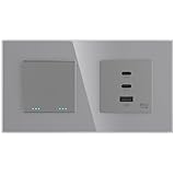 PULSAR Steckdose GaN PD 65W Schnellladen 2x USB-С 1 x USB-A mit Wechselschalter Doppelt Glas Grau...