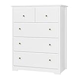 HOCSOK Kommode Weiß, Kommode mit 5 Schubladen, Sideboard Weiss mit viel Stauraum, Schubladenschrank...