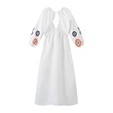 Oshhni Böhmisches Kleid, weißes Kleid, Blumenstickerei, langärmeliges Boho-Kleid, M