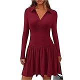 Herbstkleid Damen Shirtkleid Damen Revers Blusenkleid A Linie Plissee Kleid Langarm Rüschenkleid...