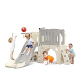 hoopyosms Kinder Rutsche mit Klettergerüst, Basketballkorb und Tunnel, Indoor-Kunststoffrutschenset...
