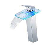 KEOKBON LED Wasserfall Wasserhahn Hoch aus Glas und Messing, 3 Farbewechsel Waschtischarmatur mit...