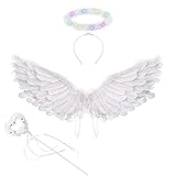 60 cm,Engel Flügel,White angel wings decoration with Glühen halo and magic wand,Feather wings...