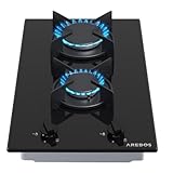 Arebos Gaskochfeld 2 Flammig | Glaskeramik Gasherd mit automatischem Flammenschutz | Erd- oder...