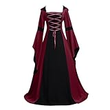Mittelalter Kleider Damen mit Schnürung, Renaissance Maxikleid Damen Trompetenärmel, Vintage...