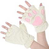 Telooco Pfoten Handschuhe Weiß Fingerlose Handschuhe Damen Halloween Cosplay Halbfinger Handschuhe...