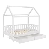 Juskys Kinderbett Marli 80 x 160 cm mit Bettkasten 2-teilig, Rausfallschutz, Lattenrost & Dach -...