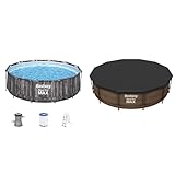 Bestway Steel Pro MAX Frame Pool-Set mit Filterpumpe Ø 366 x 100 cm, Holz-Optik (Mooreiche), rund &...