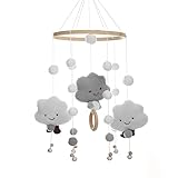 Mobile Baby Windspiele, Puppe , Holz mit Filzbällen 3D Wolken, Bettglocke Anhänger für Babybett...