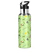 ZZKKO Grüne Wasserflasche mit Strohhalm, Edelstahl, Eisenflasche, Kapsel, Wasserflasche, tägliche...