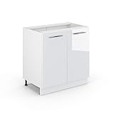 Vicco Spülenunterschrank Fame-Line, Weiß Hochglanz/Weiß, 80 cm mit Regal, ohne Arbeitsplatte