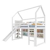 SOFTWEARY Hochbett mit LED-Beleuchtung und Regal, 90x200 cm, Kinderbett mit Rausfallschutz und...