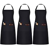 umboom 3 Stücke Schwarze Kochschürze, Verstellbare Küchenschürze mit 3 Taschen für Herren...