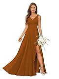 KJHUTAY Damen Brautjungfernkleider mit V-Ausschnitt und Schlitz 2026 Chiffon A-Linie ärmellos...