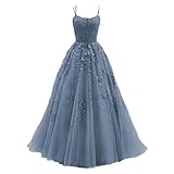 Damen Ballkleid aus Tüll mit Spaghettiträgern Lange Spitzenapplikationen Abendkleider A Linie...
