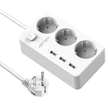 JSVER Steckdosenleiste 3-Fach, Mehrfachsteckdosen mit USB Steckdose 3680W 16A mit 3 USB...