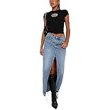 LOVHOT Damen Casual High Waist Denim Maxi Rock Split Front Lange Jeansröcke Y2k Blau Jeans Midi...