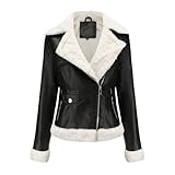 KUUFUUT Damen Kunstlederjacke mit Fellfutter Dicke Kunstfell Motorradjacke Im Fliegerstil Warmer...