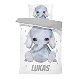 Pictogogo Personalisierte Baby Bettwäsche mit Elefant 80x80 cm, Wählbare Unterfarbe aus Baumwolle,...