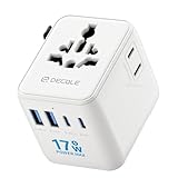 decqle Reiseadapter Weltweit, Universal Reisestecker mit 2 USB-C, 2 USB-A und 1 AC Steckdose,...