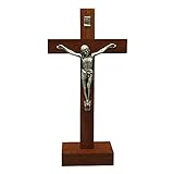 kruzifix24 Stehkreuz Standkreuz Holz Mahagoni mit Metall Körper Silber 22 x 11 cm Altarkreuz für...