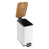 SUONTY Bamboo Trash Can, Bathroom Trash Can 5L/5.28qt, Eisen+Holz, Fußpedal, Silent-Close,...