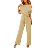 amropi Damen Kurzarm O-Ausschnitt Elegant Lang Jumpsuit Overall Hosenanzug Playsuit Romper Beige,XL