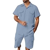 Zweiteiler Herren Leinenanzug Sommer Einfarbig Freizeitanzug Kurzarm Button-Up Revers Hemd und...