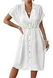 Genfien Sommerkleid Damen Knielang Kurzarm Blusenkleid Elegant V-Ausschnitt Midikleid Casual...