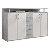 DRIFT Sideboard mit Ablage in Beton Optik, Weiß - Moderne Kommode mit Schubladen und viel Stauraum...