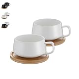 2er Set Cappuccino Tassen mit Unterteller, 320 ml Kaffeetassen, Espressotassen aus Steingut für Tee...