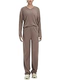 EFOGEP Damen Pyjama Sets 2PCS: Langarm Rippenstrick V-Ausschnitt Pullover Oberteil Pullover und...