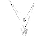 Angelkiss 925 Sterling Silber Halskette Glänzende Schmetterling Quaste Weibliche Doppelschicht...