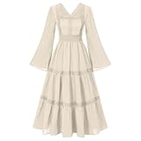 QJDFLL Langer tüllrock Damen tüll Rock Spitzenkleid mit ausgestellten Ärmeln, quadratischem...