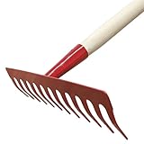 Garten Gerät Harke Rasen Boden Erde Rechen 12 Zinken Metall rot Gartenrechen 28 cm mit Holz Stiel