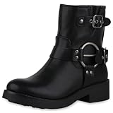 VAN HILL Damen Biker Boots Blockabsatz Schnallen Trendy Schuhe 214051 Schwarz 40