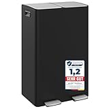WELLGRO Mülleimer Küche 60 Liter - Edelstahl Tretmülleimer schwarz 2 Fächer, Mülltrennsystem 2...