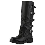 VAN HILL Damen Bikerstiefel Blockabsatz Schnallen Trendy Schuhe 217689 Braun 39