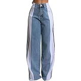 FYHTC Zweifarbige Jeans für Damen mit Weitem Bein und Hoher Taille, Dehnbare Jeanshose mit...
