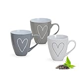 Jumbo Kaffeetassen 3er Set Landhausstil Herz weiß, grau, beige - Große 400ml XXL Tassen aus...
