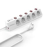 5 Fach Steckdosenleiste mit USB Einzeln Schaltbar, Weiße Mehrfachsteckdose (3680W/16A) mit 2 USB-C...
