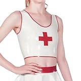 QIANGYTHENKO Rote Latex-Crop-Top-Uniform mit Kreuz, kurze Mini-Gummihose für Halloween-Partys,...