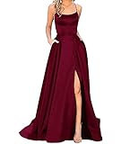 HAHAEMMA Damen Elegant Lange Ballkleider mit Taschen Satin A-Linie Backless Hochzeitskleid...