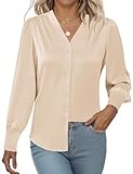 Rapbin Damen V-Ausschnitt Casual Satin Bluse Langarm Party Oberteil 2025 Basic Causal Satinblusen...