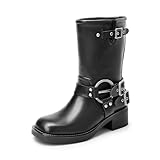 DREAM PAIRS Damen Wadenhohe Stiefel Motorradstiefel mit quadratischer Zehenpartie und Schnallen...