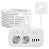 Steckdosenleiste mit USB C, Afenau 6 in 1 Steckdosenadapter 2Fach mit 2M Kabel, 3 USB A und 1 USB C,...