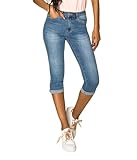 Nina Carter P132 Damen Capri Skinny Fit Jeanshosen HIGH Waist Jeans Used-Look Waschungseffekt, Blau...