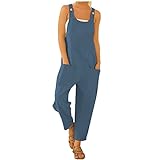 QHDDP Women Loose Style Jumpsuit Solid Color U-Shaped Collar Sleeveless Overalls with Pockets